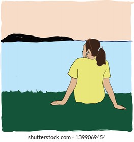 woman sitting relax and listening music with earphones at the beach-Vector