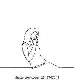 woman sitting relaxed and thinking with hand on chin - one line art vector. concept woman reflection, brainstorming. Handmade vector not AI