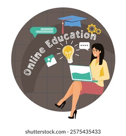 A woman is sitting relaxed using a laptop to study, surrounded by educational elements. Flat vector modern illustration 