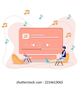 A woman is sitting relaxing listening to music using a cell phone in the room. headsets. listening to music. relaxed. music templates. poster. website. vector illustration design