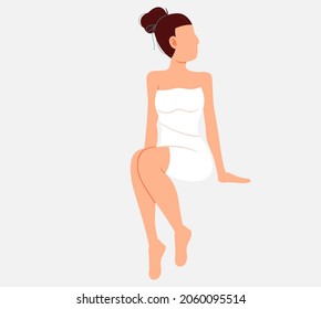 Woman sitting and relaxing in sauna isolated on white. Lady wrapped in white towel. Wellness spa procedures. Female character in bath resting alone. Girl takes care of health, enjoys in steam-room