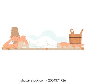 Woman Sitting And Relaxing In Sauna Isolated On White. Bathhouse Or Banya. Wellness Spa Procedures. Female Character In Hot Steam Bath Resting Alone. Girl Takes Care Of Health, Enjoys In Steam-room