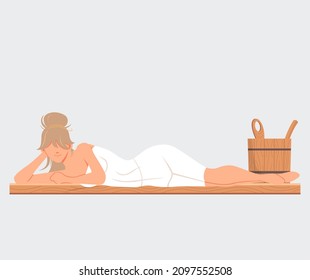 Woman Sitting And Relaxing In Sauna Isolated On White. Bathhouse Or Banya. Wellness Spa Procedures. Female Character In Hot Steam Bath Resting Alone. Girl Takes Care Of Health, Enjoys In Steam-room