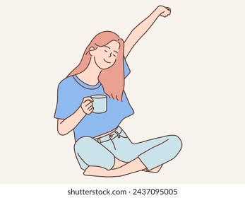 mujer sentada relajante mientras bebe café ilustración vectorial