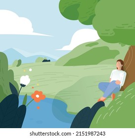 A woman is sitting and resting under the shade of a tree in nature. simple background. flat design style vector illustration.