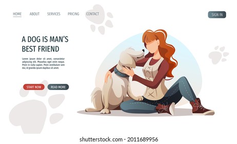 Woman sitting with retriever dog. Pet, dog walk concept. Vector illustration for poster, banner, website.