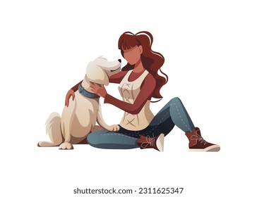 Woman sitting with retriever dog. Pet, dog walk concept. Isolated vector illustration for poster, banner, cover, card.