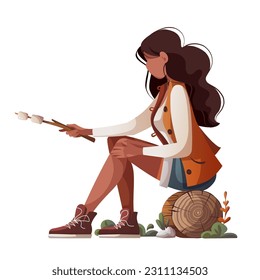 Woman sitting and roasting marshmallows. Summertime camping, traveling, trip, hiking, camper, nature, journey concept. Isolated vector illustration for poster, banner, cover, card.