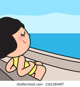 Woman Sitting Seaside Alone Thinking And Relaxing Concept Card Character illustration