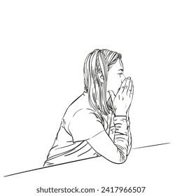 Woman sitting and serious thinking with her hands folded with her palms near her face, her elbows resting on the table, side view, hand drawn vector illustration, freehand line sketch