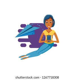 woman sitting with smartphone and airplane paper