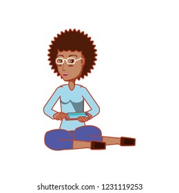 woman sitting with smartphone device