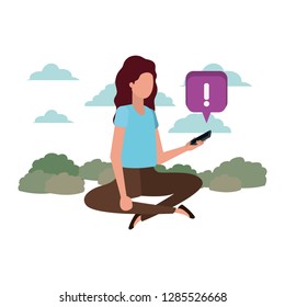 woman sitting with smartphone in landscape character