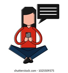 woman sitting with smartphone sending message speech bubble