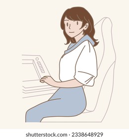 Woman sitting and smiling in front of computer screen. Engineer working with control panel. Hand drawn flat cartoon character vector illustration.