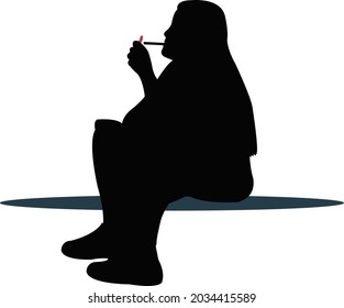 a woman sitting and smoking, silhouette vector