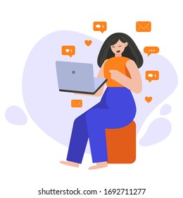 Woman sitting at a sofa and chatting. Girl uses social network or online dating app. Character with a laptop and different social media icons. Vector illustration in a flat style. Social distancing