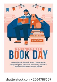 Woman sitting in sofa with open book in hands and with her dog. Cute poster template with reading woman, garlands, stack of books, text. Flat Design. Naive cartoon illustration to World Book Day. 