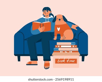 Woman sitting in sofa with open book in hands and with her dog. Cute illustration with reading woman, stack of books in box. Flat Design. Naive cartoon illustration to World Book Day.
