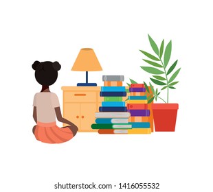 woman sitting with stack of books