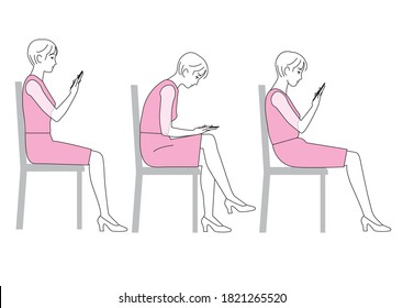 A woman sitting and staring at her smartphone. Good posture and bad posture