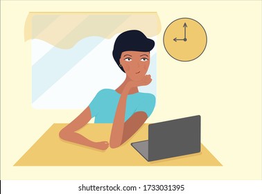 
A woman is sitting at a straw and a laptop. Waiting for time, daydreaming, thoughtful. Flat illustration in vector.