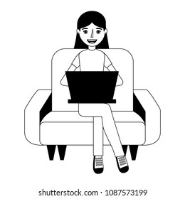 woman sitting and studying on the sofa with laptop