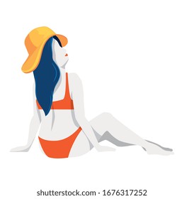 woman sitting with summer hat vector illustration design