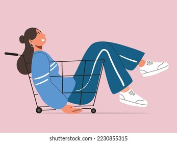 Woman sitting in supermarket trolley, shopping concept