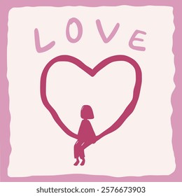 woman sitting swinging in love heart shape hand drawn in matisse style, naive art, contemporary background. Vector illustration of falling in love