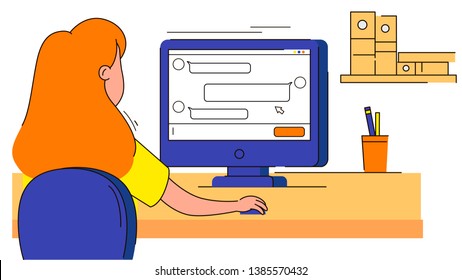Woman sitting at the table chating at the computer on white background vector illustration