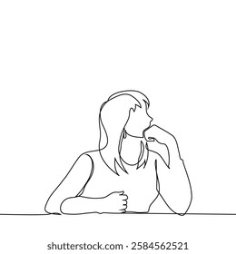 woman sitting at table close up in profile deep in thought or staring resting her chin on fist - one line art vector. Handmade vector not AI