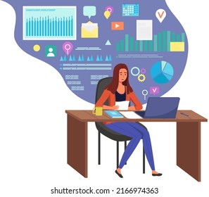 Woman sitting at table with computer next to poster with diagram. Presentation board, statistical data. Business report and dynamics indicators. Manager demonstrates results of statistical research