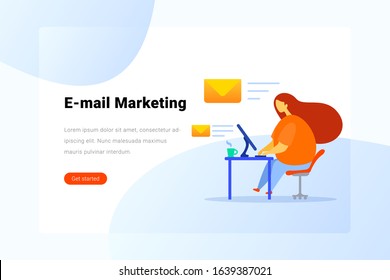 Woman sitting at Table with Computer and sending Email Flat vector illustration. Landing Page design template.