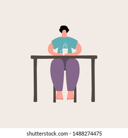 Woman sitting at a table with a cup of tea. Vector illustration in flat style.