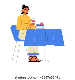 Woman Sitting At A Table With A Drink And Dessert In Flat Vector Illustration Symbolizing Leisure, Relaxation, And Dining, Isolated On White Background.