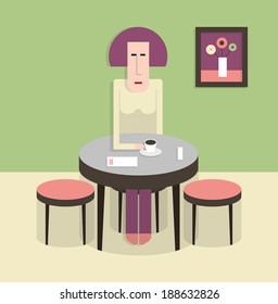 Woman sitting at a table and drinking coffee, rest in cafe, flat style, cartoon vector illustration