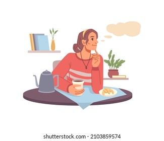 Woman sitting at table and drinking coffee with snacks, breakfast time. Vector young girl dreaming or thinking at lunch, lonely person think about dilemma, student search decision on question