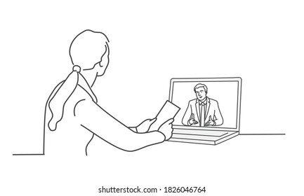 Woman sitting at the table in front of a laptop. Hand drawn vector illustration.