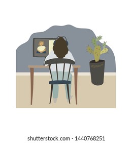 Woman sitting at the table in front of the monitor and watching a webinar Vector flat illustration