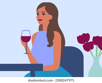 Woman sitting at a table with a glass of red wine. She is wearing a blue dress and has long brown hair. There are some flowers in a vase. Vector illustration in trendy minimalistic corporate style.