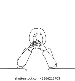 woman sitting at the table with her hands together - one line art vector. concept look biased, closed pose, strict judge, confident woman