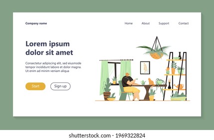 Woman sitting at table with houseplants and cat. Cozy living room with plants flat vector illustration. Home garden, gardening, hobby concept for banner, website design or landing web page