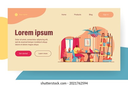 Woman sitting at table with houseplants and cat. Cozy living room with plants flat vector illustration. Home garden, gardening, hobby concept for banner, website design or landing web page