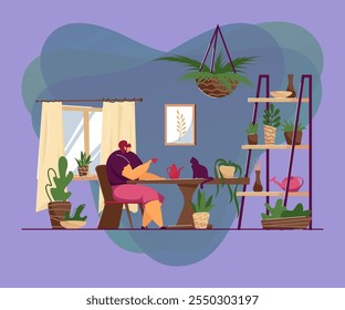 Woman sitting at table with houseplants and cat. Cozy living room with plants flat vector illustration. Home garden, gardening, hobby concept for banner, website design or landing web page