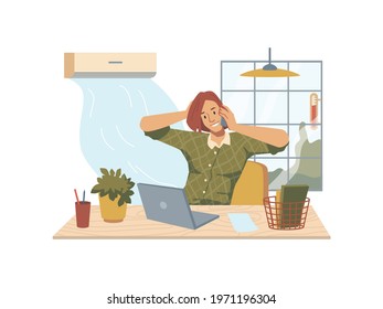 Woman sitting at table with laptop, flower pot, lamp and window, blowing air conditioner. Vector businessman speaking telephone at comfortable workplace. Heat in office, hot temperature, summertime