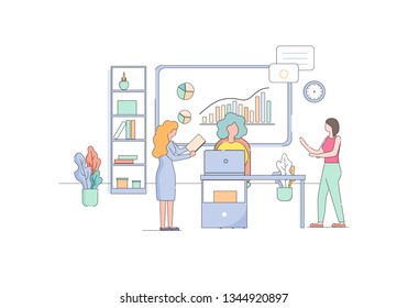 Woman Sitting at Table with Laptop on Huge Screen with Growing Chart Backgroung in Modern Office Interior Room. Business Women Meeting, Teamwork, Brainstorming. Linear Cartoon Flat Vector Illustration