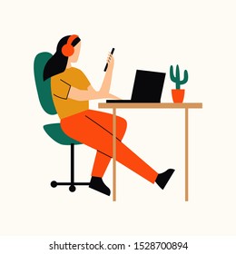 Woman sitting at table with laptop, phone and headphones. Technical support concept. Flat vector illustration