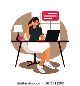 Woman sitting table with laptop and phone. Working on a computer. Freelance, online education or social media concept. Studying concept. Flat style.