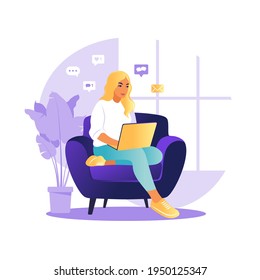 Woman sitting table with laptop and phone. Working on a computer. Freelance, online education or social media concept. Studying concept. Flat style.